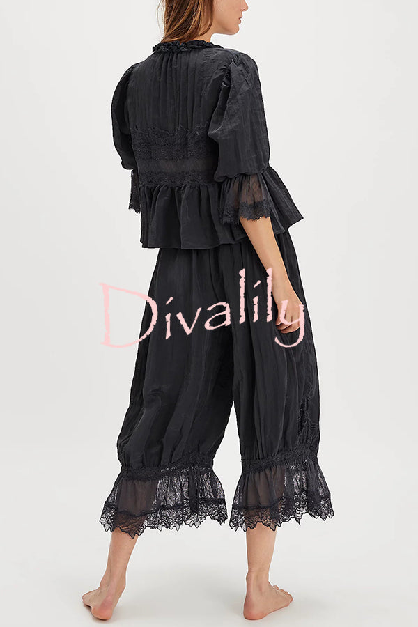 Pastoral Style Elastic Waist Lace Hem Bloomer Pants