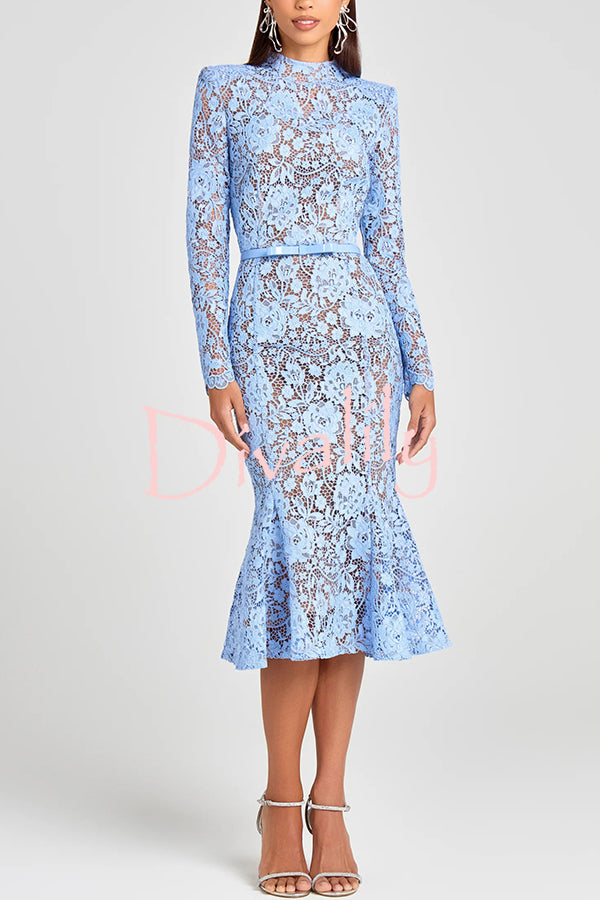 Feminine and Elegant Flower Lace Long Sleeve Bow Belted Flare Midi Dress