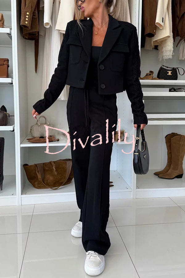 Fashion Lace Panel Long-sleeved Crop Top and Elastic Waist Tie Pocket Casual Pants Set