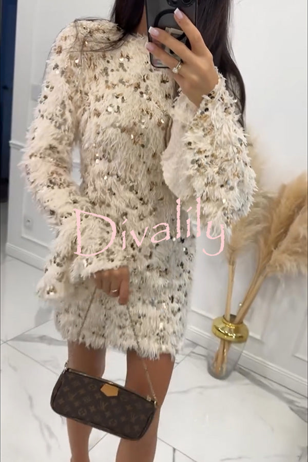 Twilight Ember Knit Sequin Tassels Wide Neck Long Bell Sleeve Mini Dress