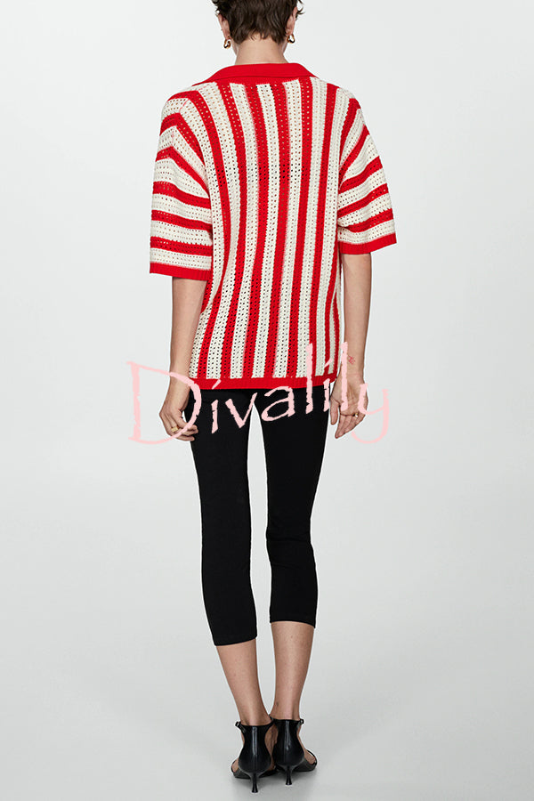 Fashionable Red and White Contrast Lapel Short-sleeved Knitted Top