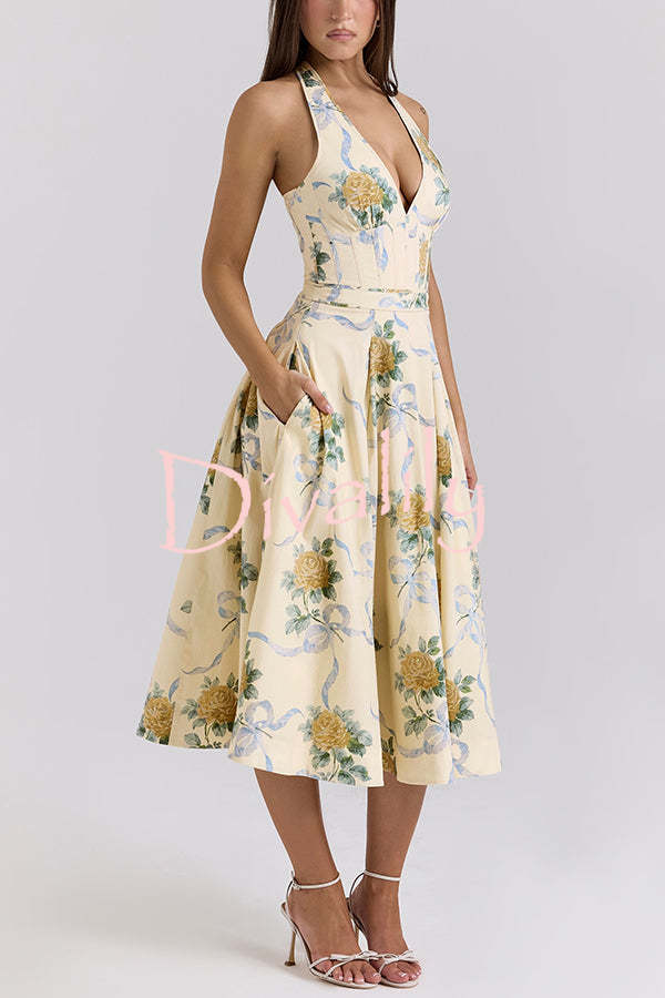 Resort Star Floral Print Waist Halterneck Tie Pocket Midi Dress
