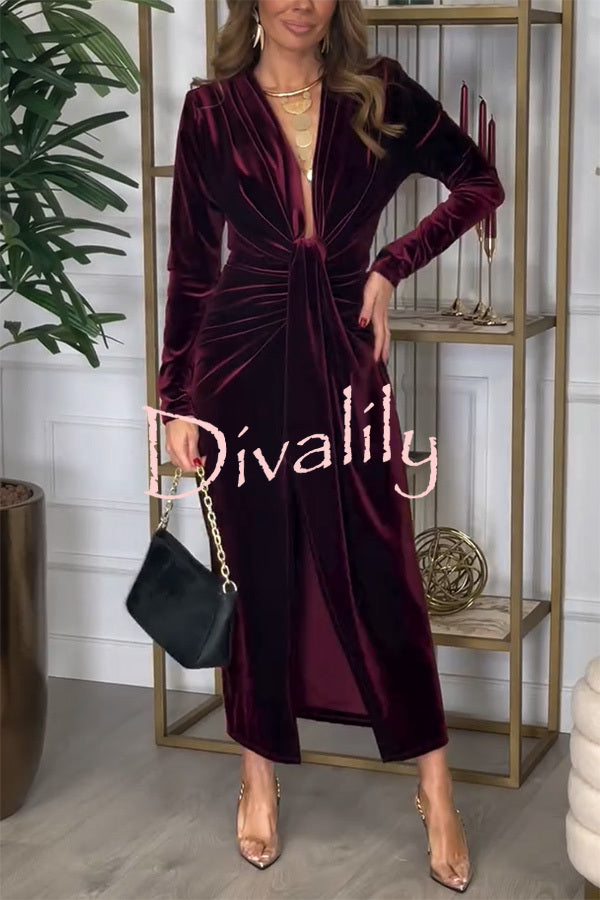 Creating Romance Velvet Ruched Drape Long Sleeve Stretch Maxi Dress