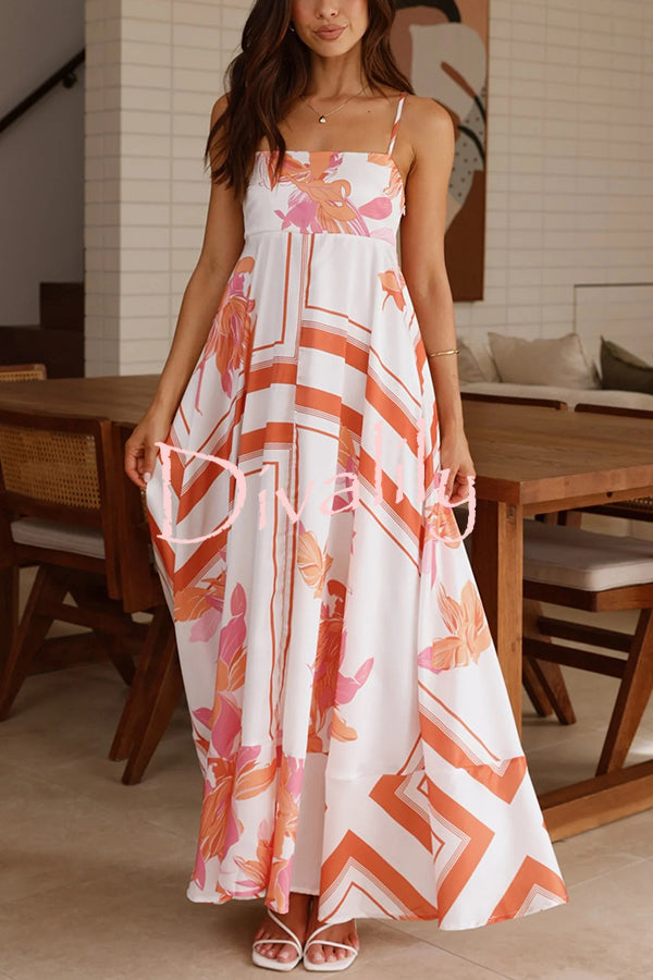 Botanical Print Halter Square Neck Pleated Loose Maxi Dress