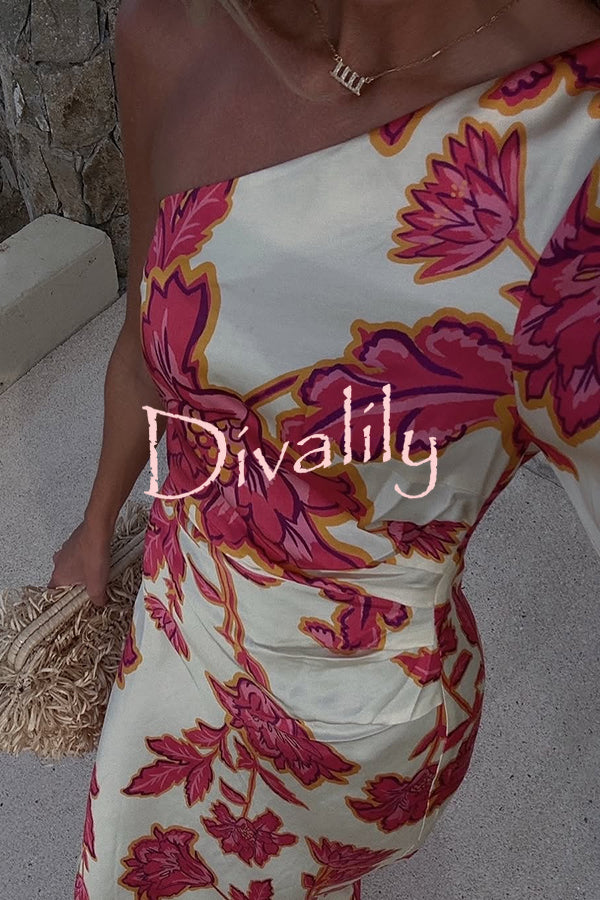 Rhia Satin Floral Print One Shoulder Flared Maxi Dress