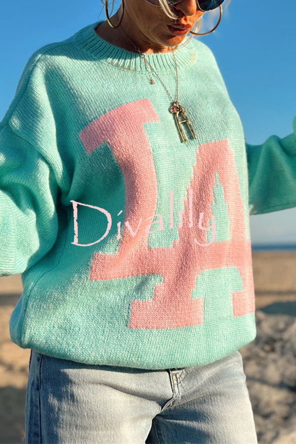 Letter Pattern Crew Neck Long Sleeve Loose Knit Sweater