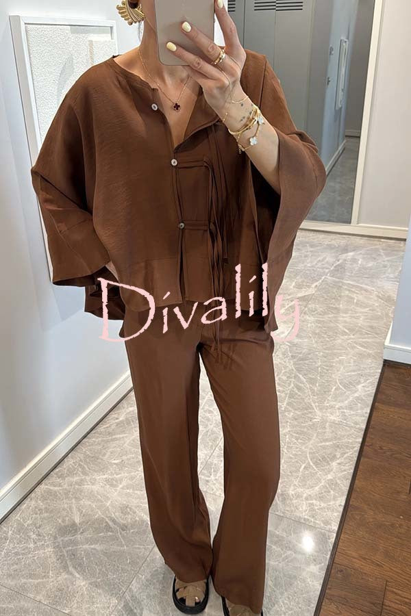 Ellie Tie-button Batwing Sleeve Loose Top and High Rise Pocket  Wide Leg Pants Set