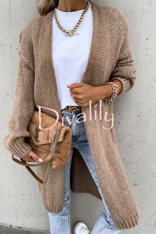 Solid Color V-neck Knitted Long-sleeved Oversized Midi Cardigan