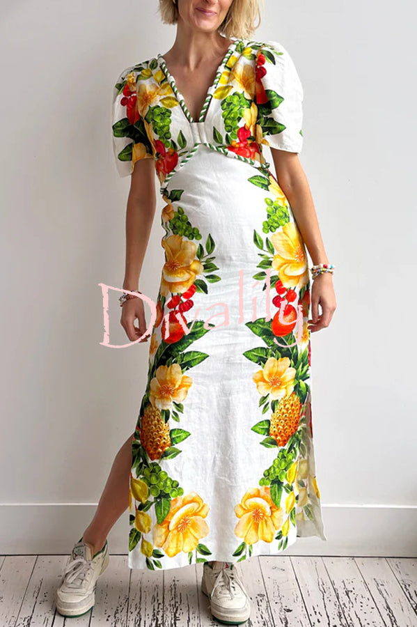Picnic Flowers Linen Blend Floral Print Puff Sleeve Braided Rope Trim Maxi Dress