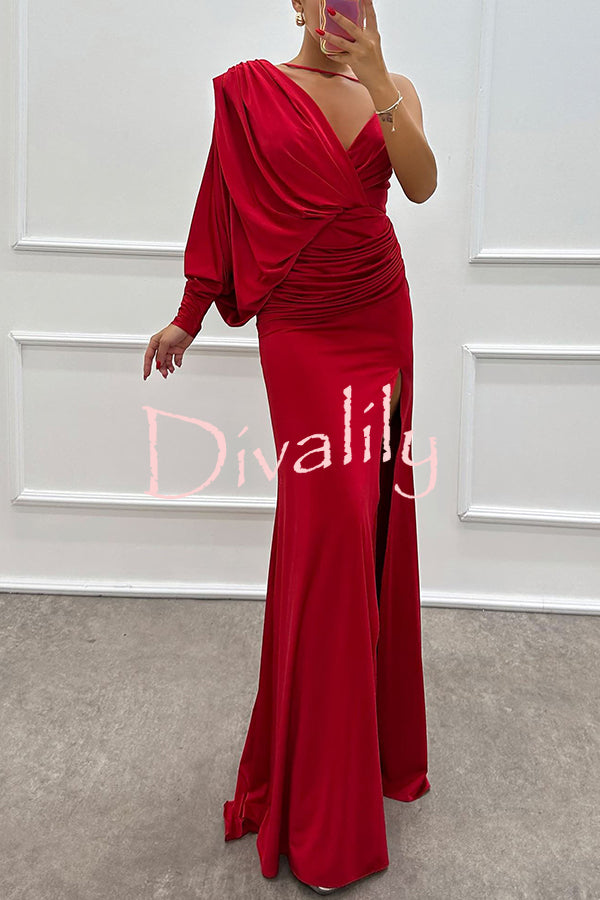 Like Venus One Shoulder Bat Sleeve Ruched Detail Slit Gown Maxi Dress