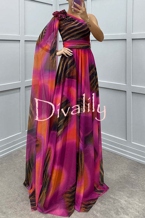 Lucia Unique Print Floral Detail One Shoulder Draped Sleeve Gown Maxi Dress