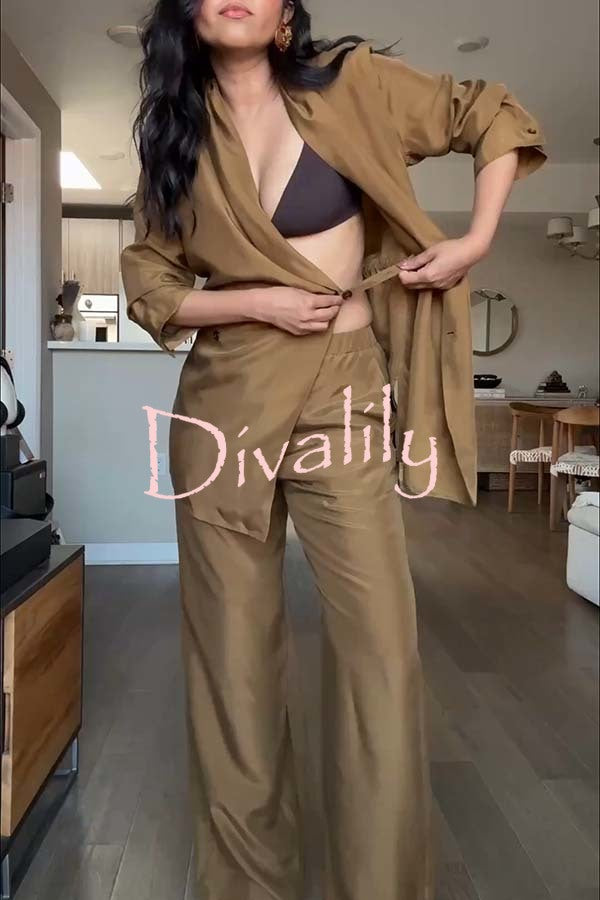 Bella Satin Drape Collar Single Button Casual Blazer and Elastic Waist Pocket Loose Pants Set