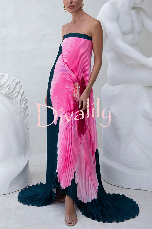 All about Her Pleated Floral Print Off Shoulder A-line Maxi Dress
