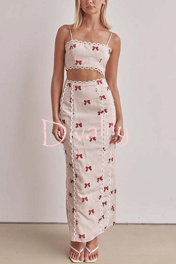 Rosa Linen Blend Bow Print Scallop Lace Trim Crop Tank and High Rise Slit Skirt Set