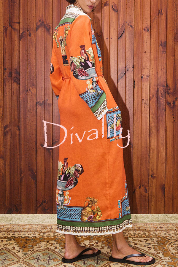 Linen Blend Unique Print Tie-waist Casual Maxi Dress