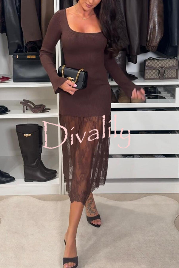 Ellie Ribbed Knit Square Neck Long Sleeve Lace Patchwork Hem Midi Dress