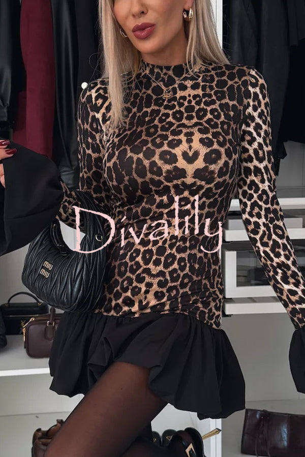 Stevie Leopard Print Patchwork Bell Sleeve Stretch Mini Dress