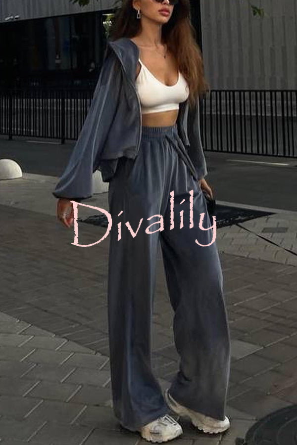 Velvet Casual Zip-up Hooded Top and Elastic Waist Wide Leg Pants Set