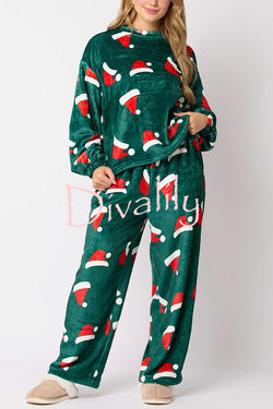 Christmas Printed Crew Neck Long Sleeve Top and Elastic Waist Loose Pants Set