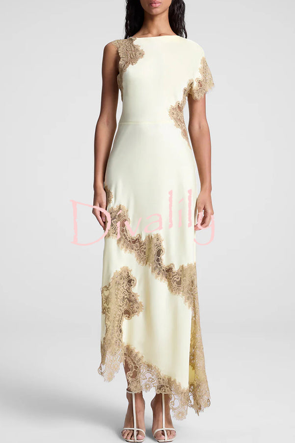 Paris Dream Satin Lace Trim Irregular Design Drape Maxi Dress