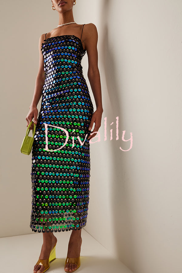 Sexy Sequined Halter-neck Backless Slim Fit Slit Midi Dress