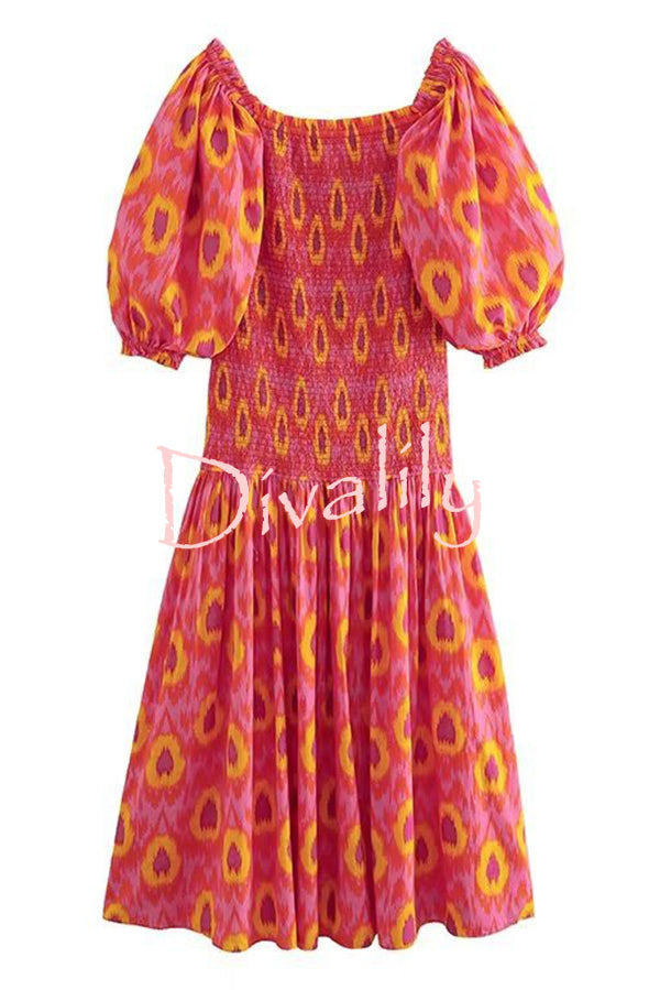 Venita Unique Printed Off Shoulder Balloon Sleeve Smocked Midi Dress