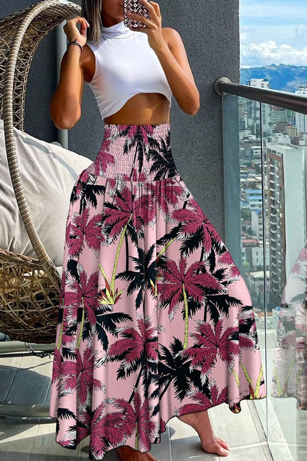 Unique Printed Pleated Elastic Waist Holiday Casual Maxi Skirt