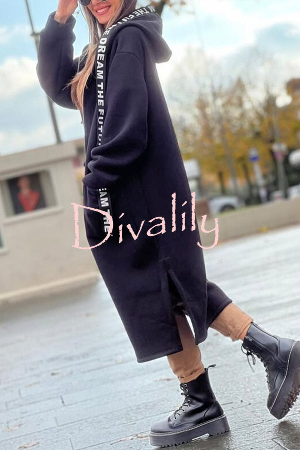 Fashionable and Casual Hooded Zipper Pocket Loose Long Coat
