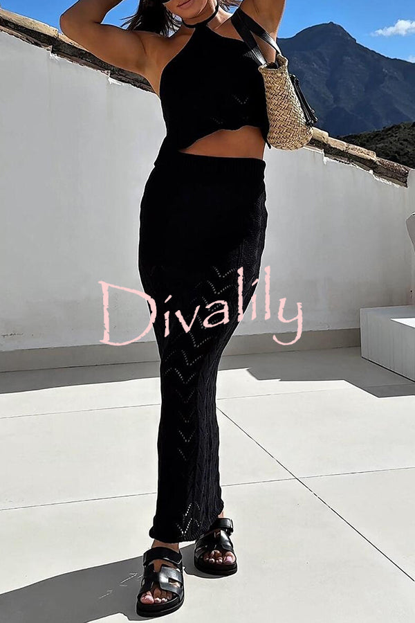 Solid Knit Hollow Halter Top and Stretch Fit Maxi Skirt Set