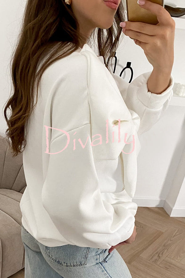 Solid Color Round Neck Long Sleeve Bow Loose Sweatshirts