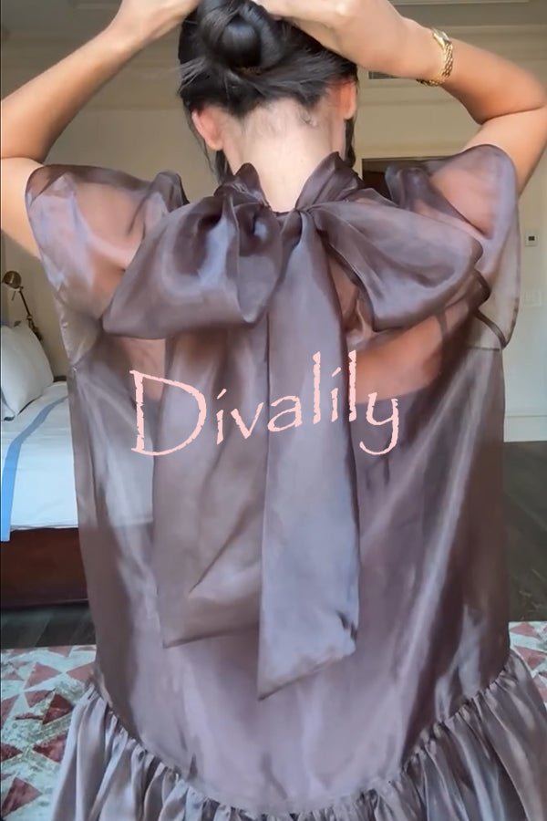 Cocktail Attire Sheer Organza Wide Sleeve Back Bow Layered A-line Mini Dress