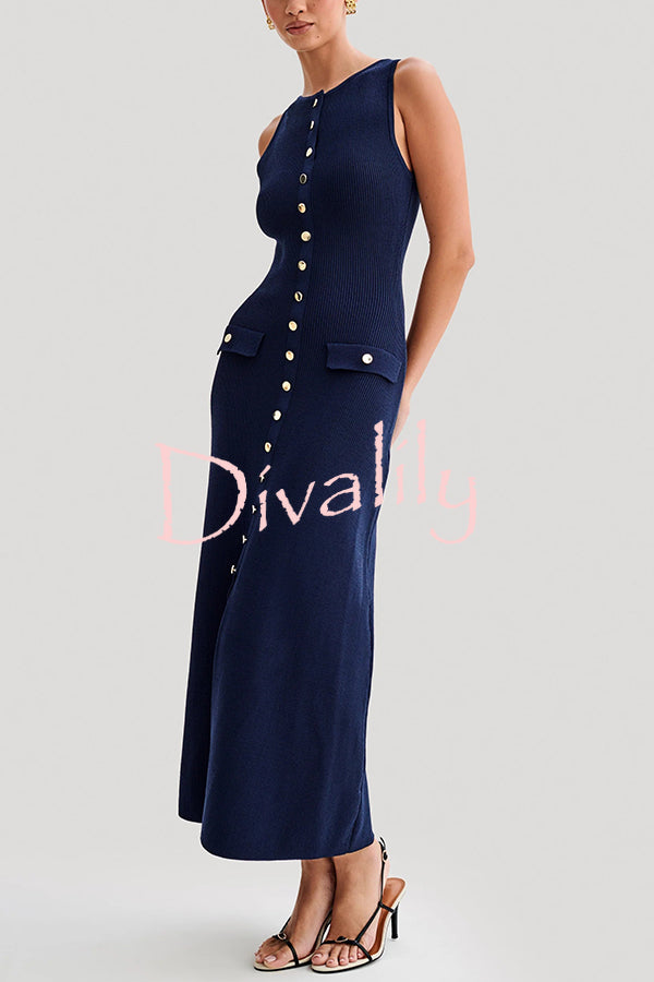 Solid Color Slim Fit Crew Neck Button Up Sleeveless Knitted Maxi Dress