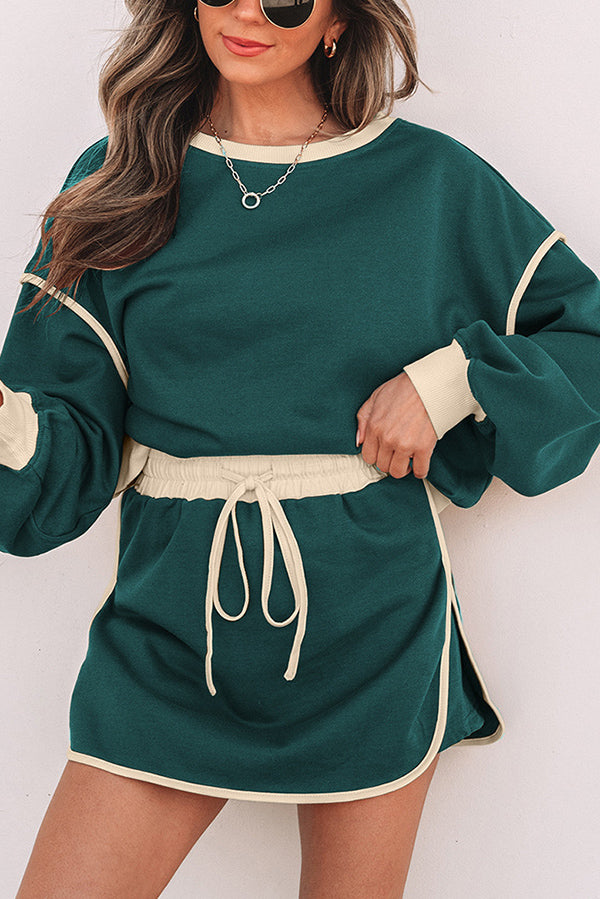 Fashion Round Neck Long Sleeve Spliced Casual Top and Elastic Waist Loose Shorts Set