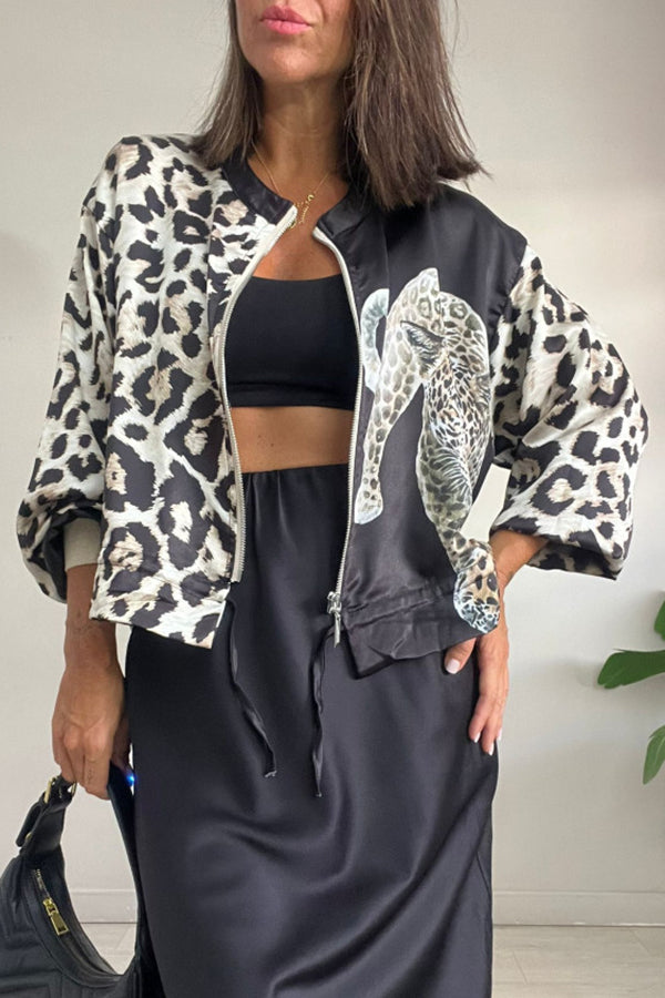 Shiloh Leopard Unique Print Zipper Drawstring Hem Bomber Jacket