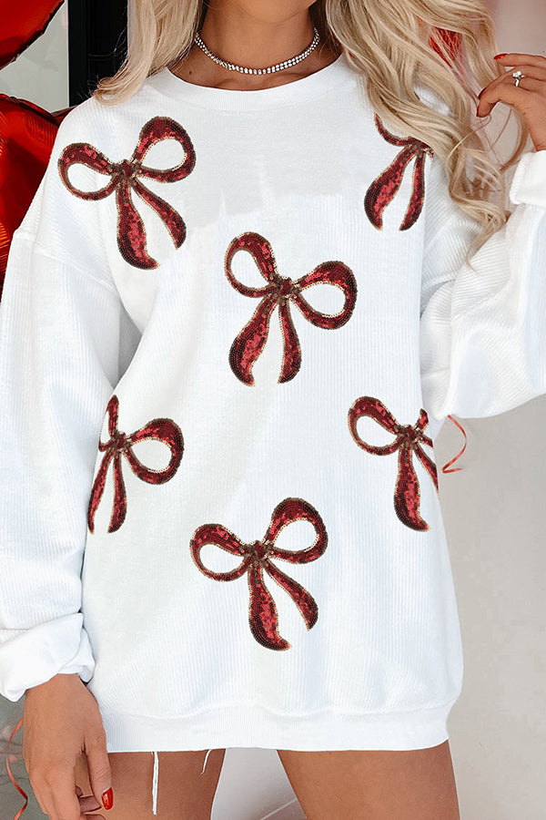 Christmas Red Bow Sequin Loose Casual Long-sleeved Sweatshirt