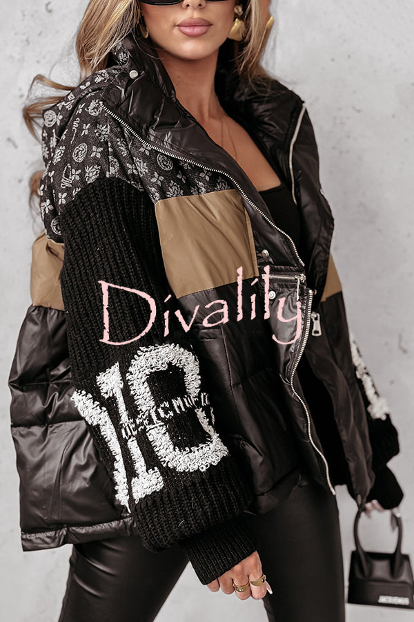 Stylish Denim Knit Long-sleeved Patchwork Hooded Pocket Thickened Jacket