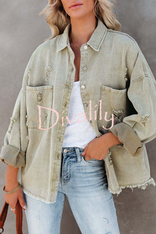 Stylish Lapel Long Sleeve Ripped Denim Jacket