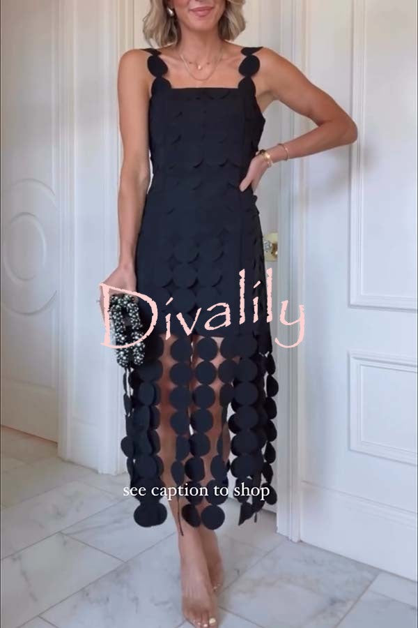 Best Dance Laser Cut Circle Embroidery Square Neck Tassle Trim Midi Dress