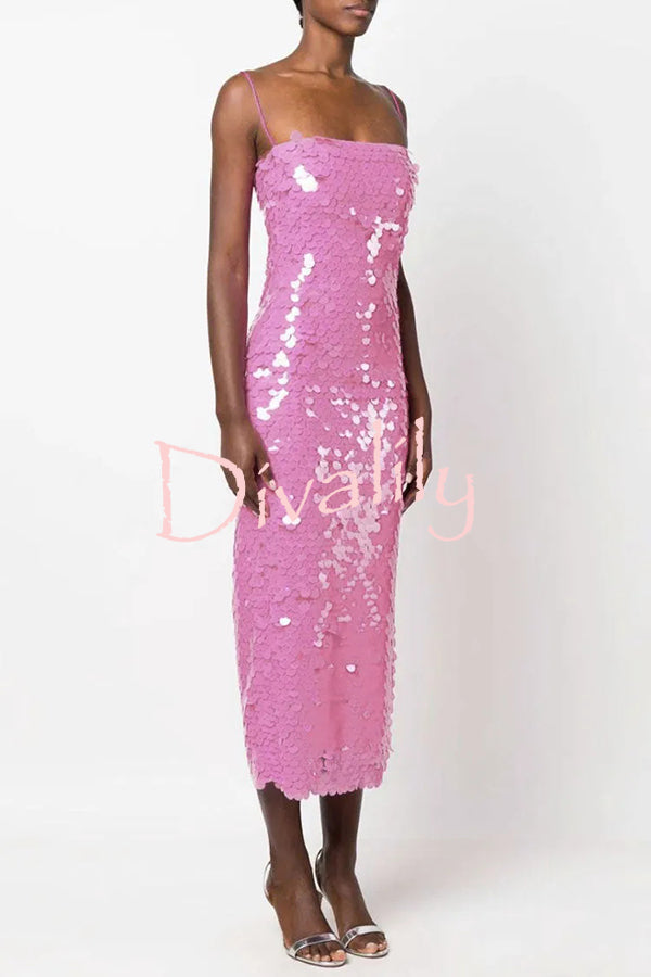 Sexy Sequined Halter-neck Backless Slim Fit Slit Midi Dress