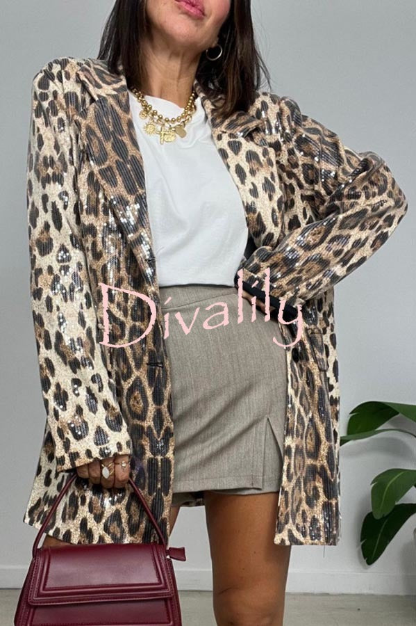 Ignite My Heart Sequin Leopard Print Lapel Oversized Blazer