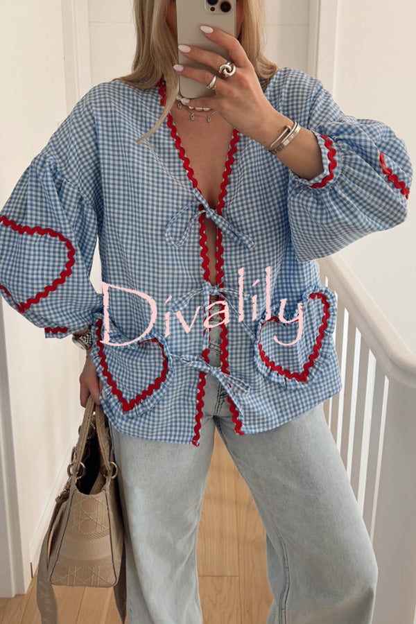 Lovely Plaid Heart Pattern Casual Lace-up Pocket Loose Shirt