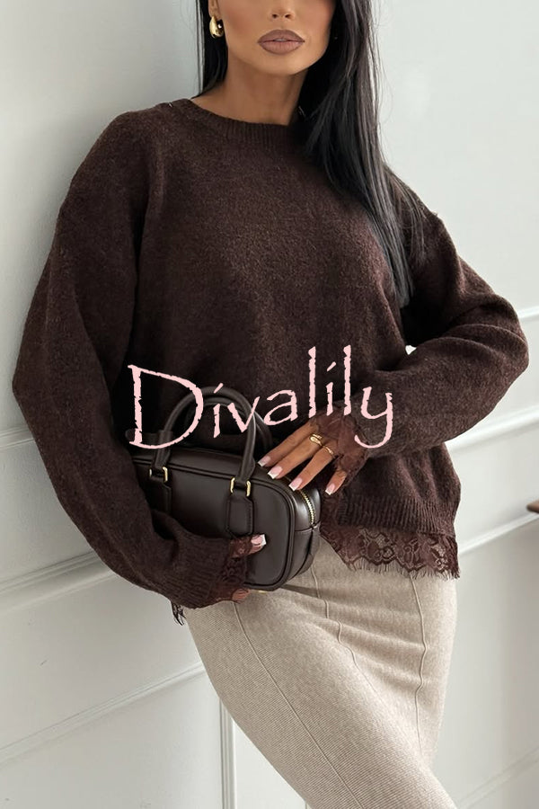 Caitlin Knit Lace Trim Patchwork Long Sleeve Back Slit Relaxed Sweater