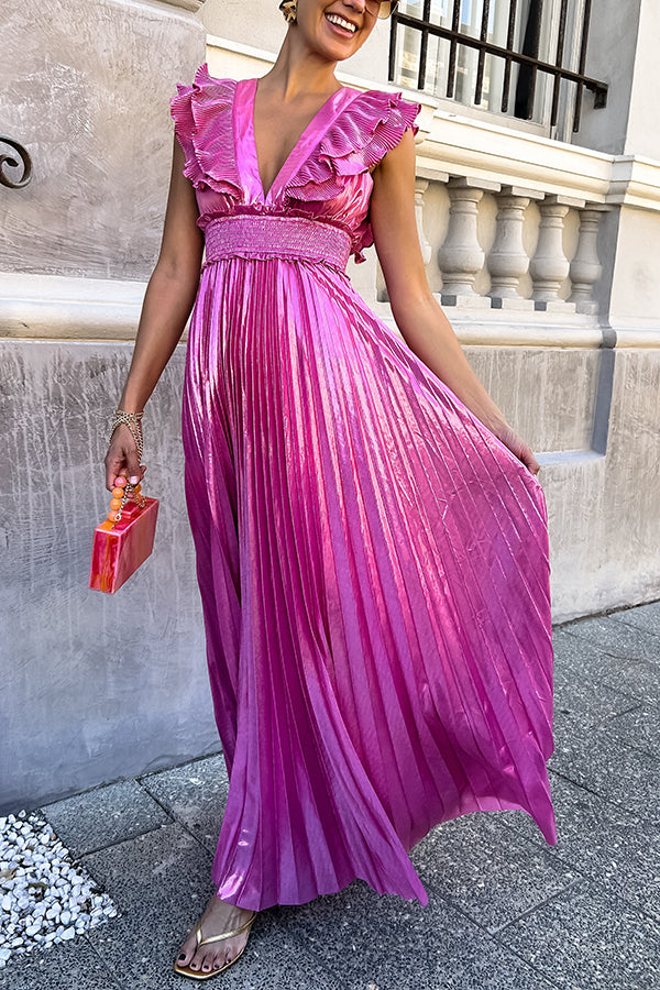 Party Season Metallic Fabric Pleated Smocked Waist Ruffles Sleeve Maxi Dress