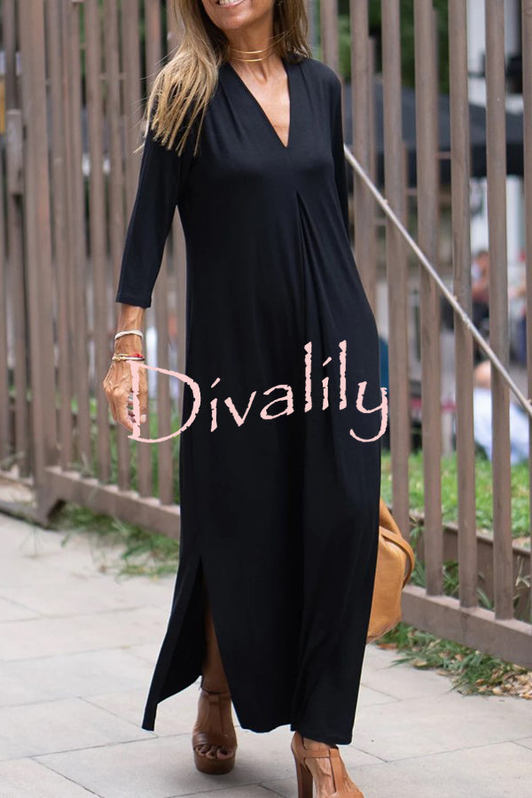 Solid Color V-neck Casual Slit Maxi Dress