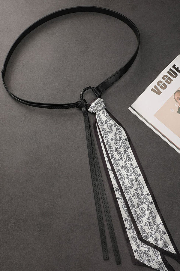 Vintage Silk Scarf Leather Thin Belt