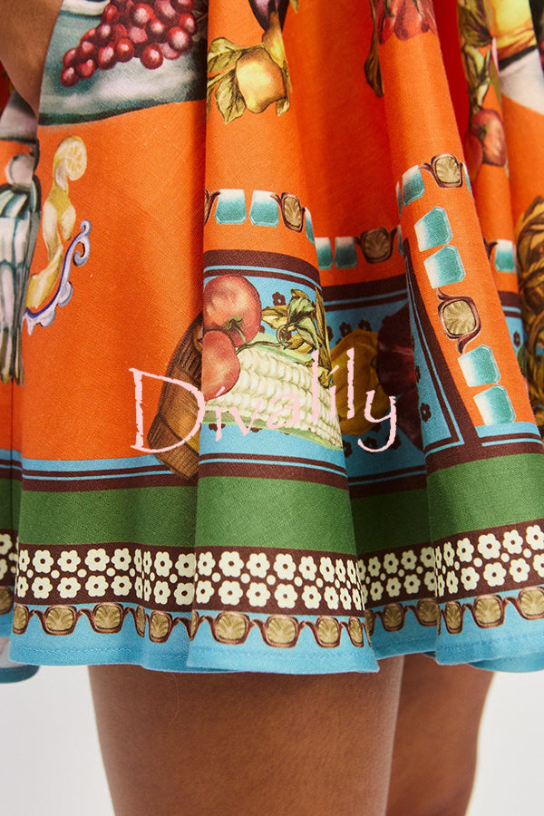 Linen Blend Unique Print Suspender Tie Casual Mini Dress