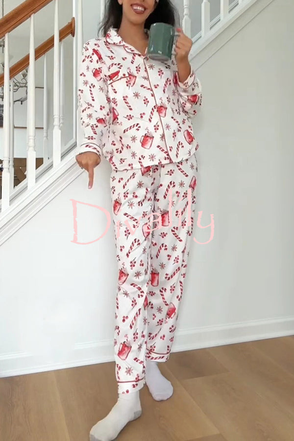 Christmas Candy and Drink Printed Long-sleeved Shirt and Elastic Waist Pocket Pants Set