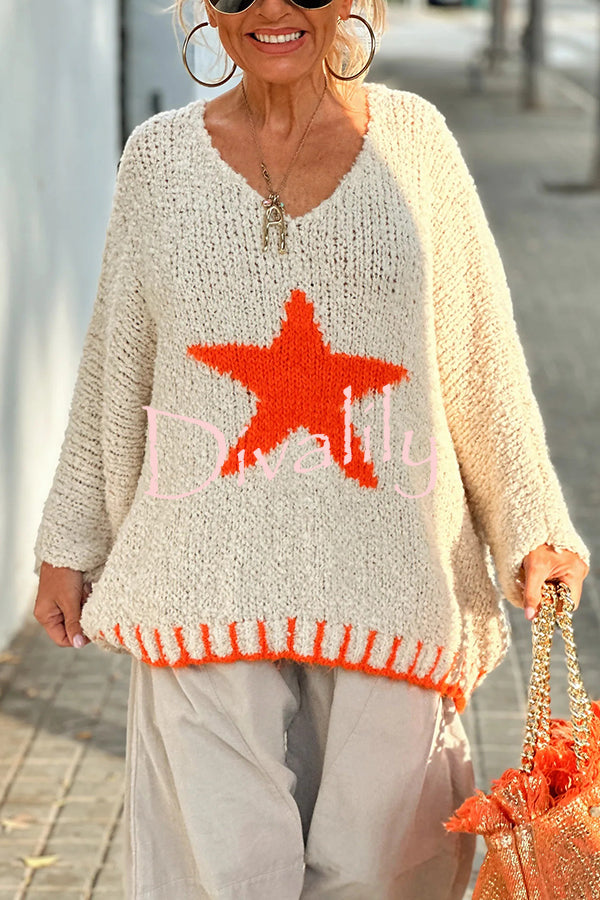 Warm Winter Day Texture Knit Star Pattern Contrast Color Loose Sweater