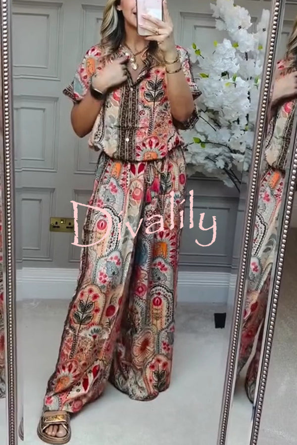Unique Printed Loose Short-sleeved Top and Elastic Waist Casual Wide-leg Pants Set