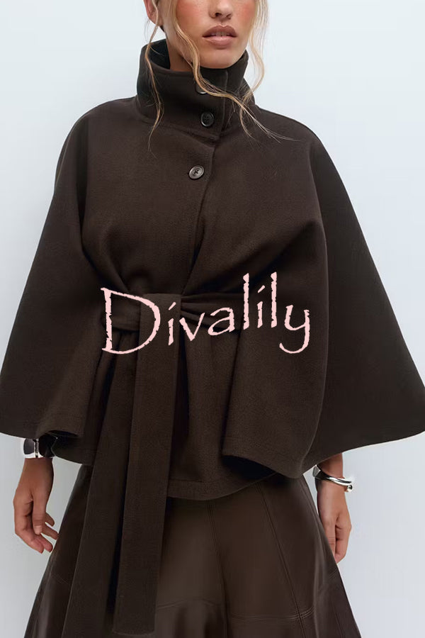Fashionable Stand Collar Button Waist Tie Loose Cape
